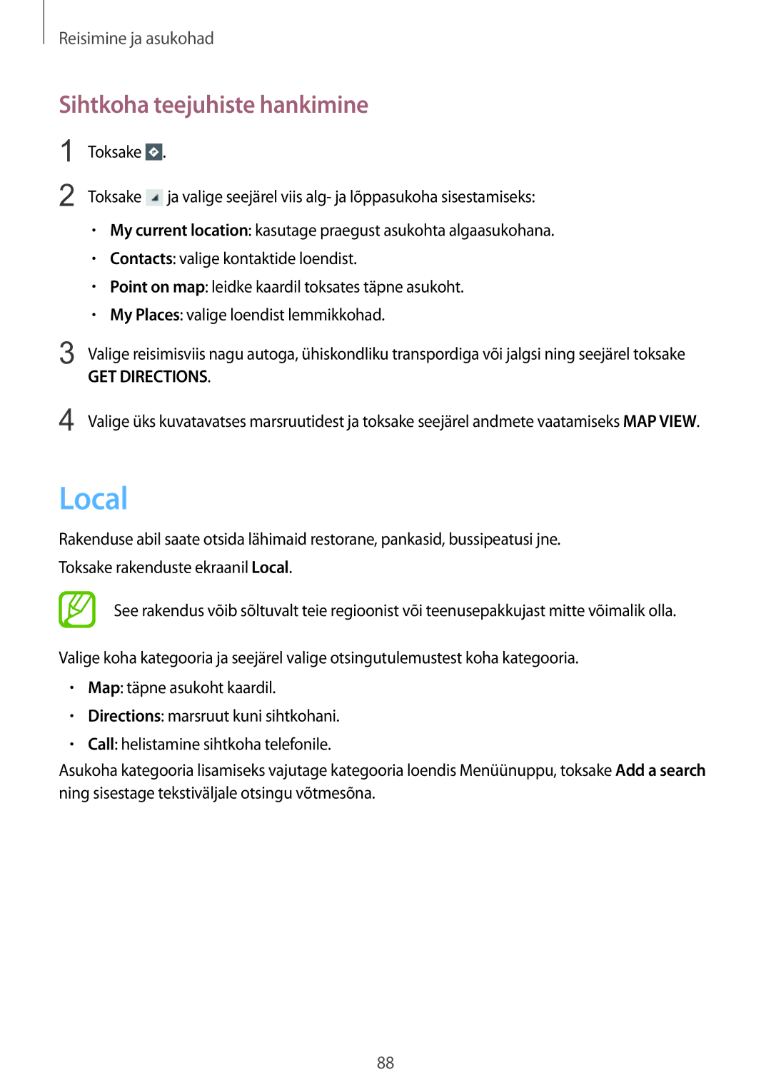 Samsung GT-S7710TAASEB manual Local, Sihtkoha teejuhiste hankimine 