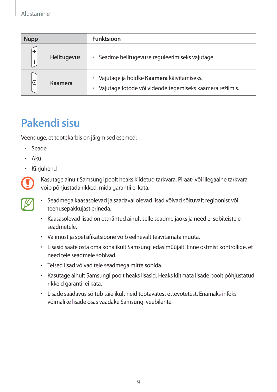 Samsung GT-S7710TAASEB manual Pakendi sisu, Nupp Funktsioon Helitugevus, Kaamera 