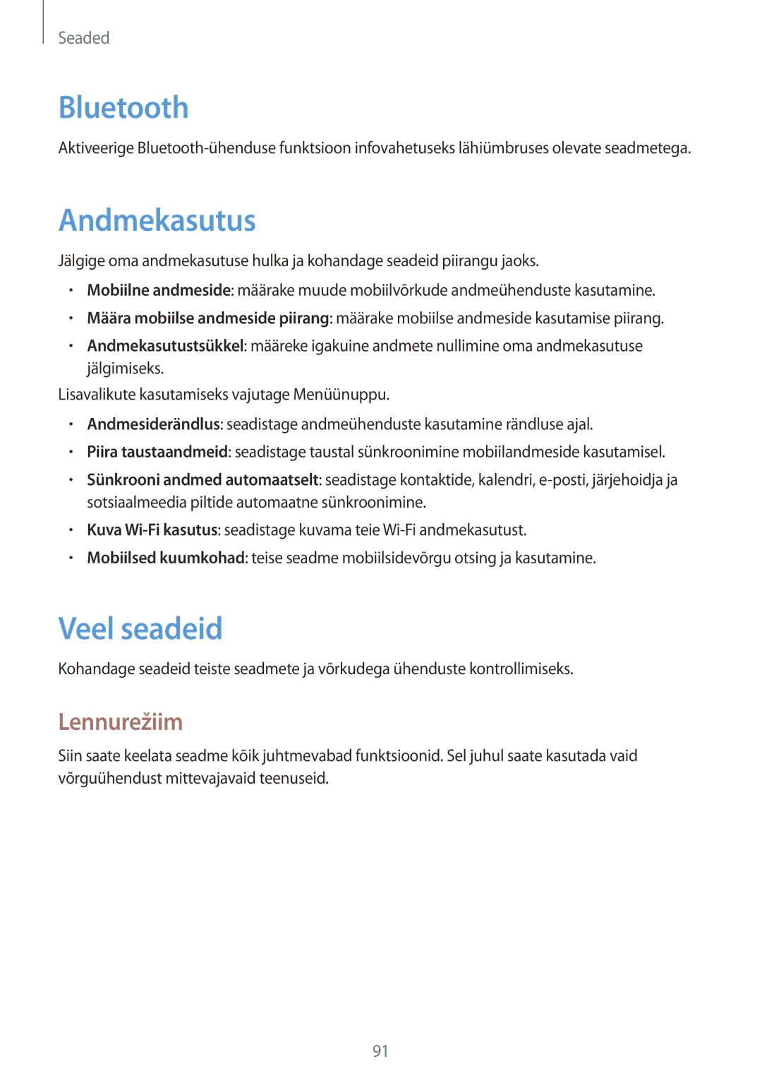 Samsung GT-S7710TAASEB manual Andmekasutus, Veel seadeid, Lennurežiim 