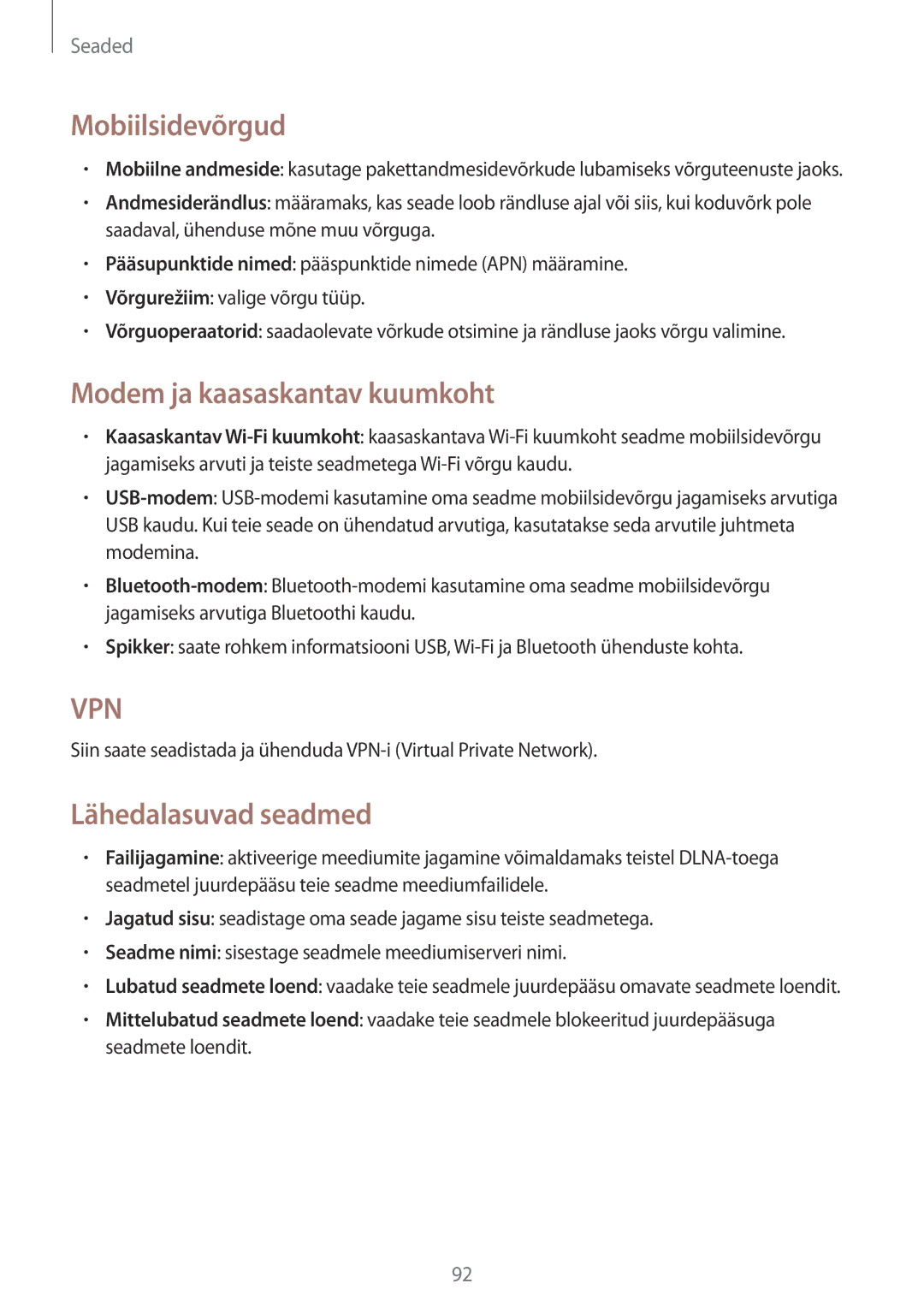 Samsung GT-S7710TAASEB manual Mobiilsidevõrgud, Modem ja kaasaskantav kuumkoht, Lähedalasuvad seadmed 