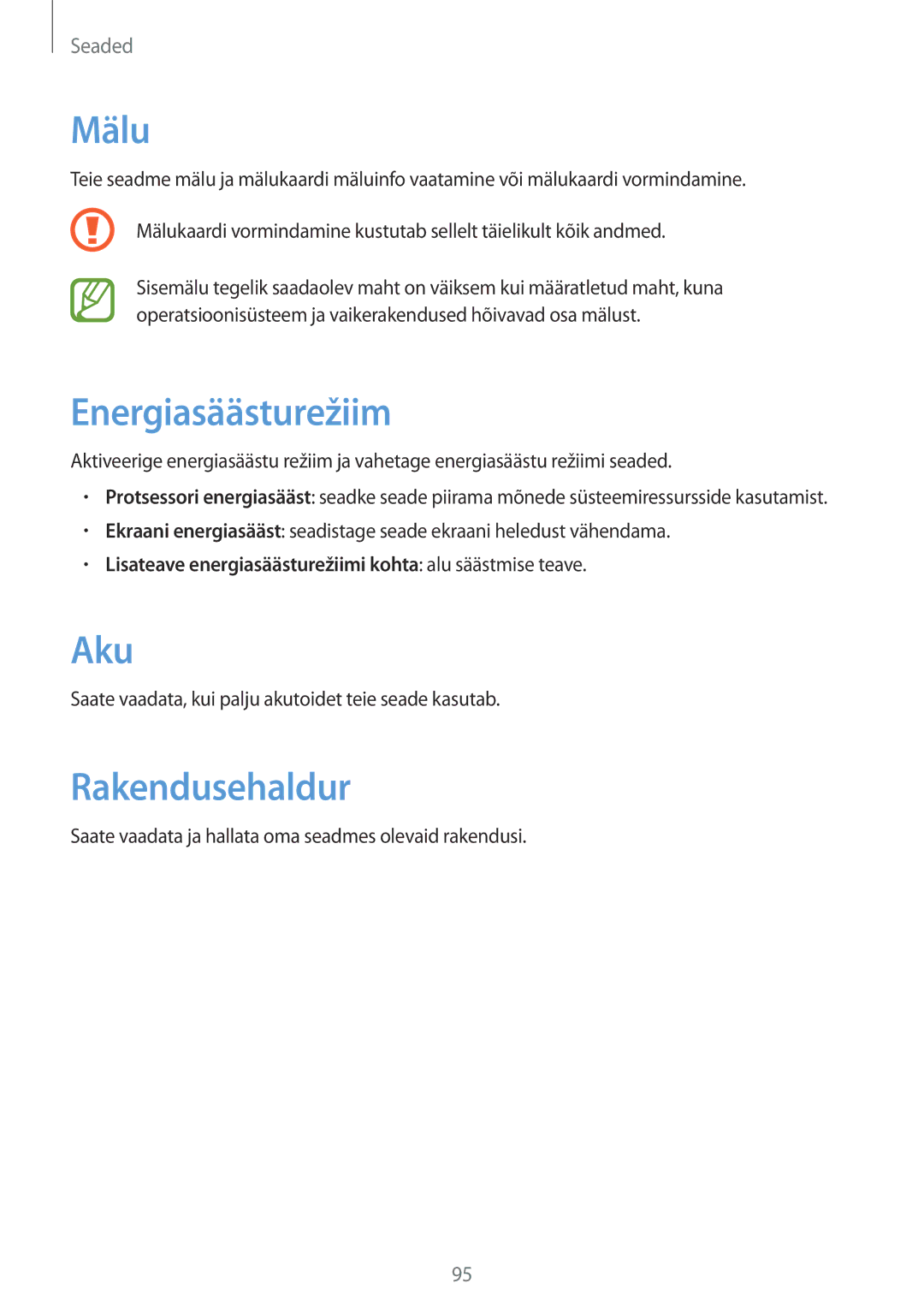 Samsung GT-S7710TAASEB manual Mälu, Energiasäästurežiim, Aku, Rakendusehaldur 