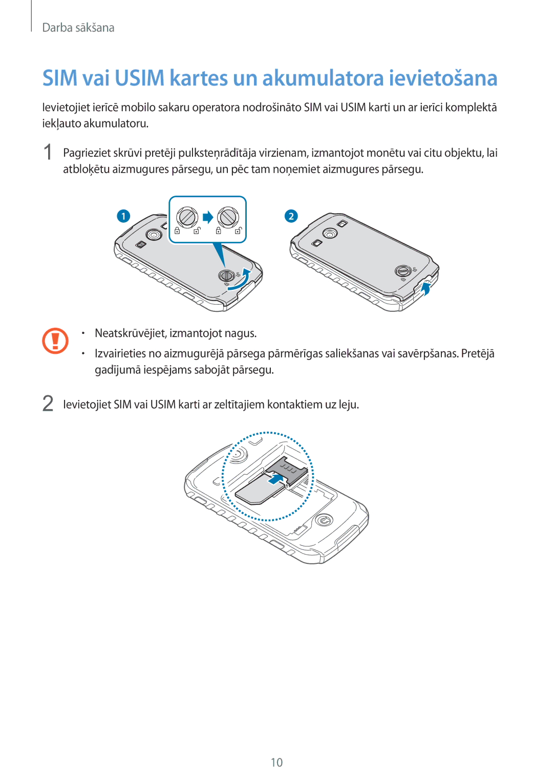 Samsung GT-S7710TAASEB manual SIM vai Usim kartes un akumulatora ievietošana 