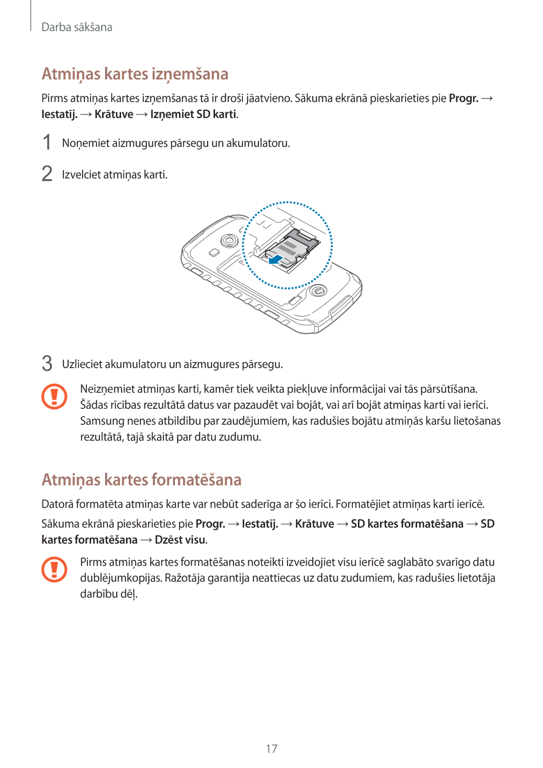 Samsung GT-S7710TAASEB manual Atmiņas kartes izņemšana, Atmiņas kartes formatēšana 