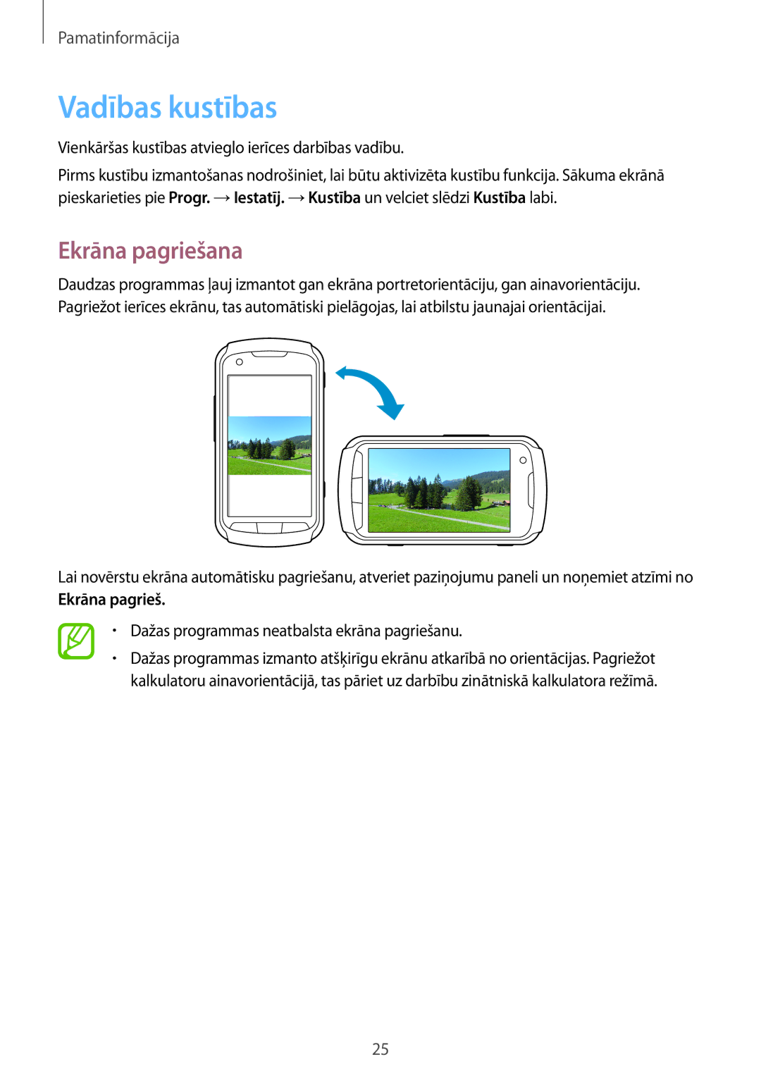 Samsung GT-S7710TAASEB manual Vadības kustības, Ekrāna pagriešana 