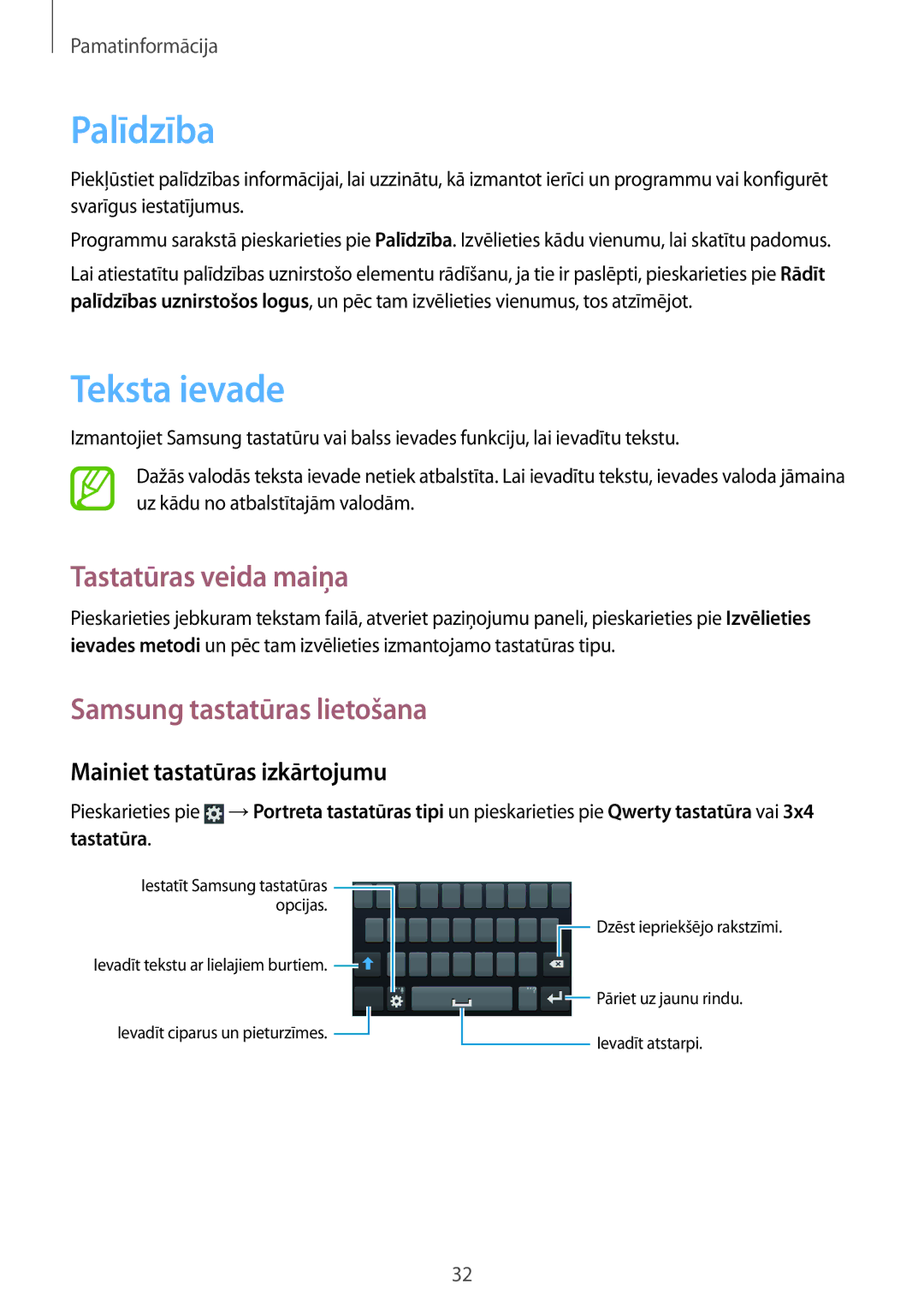 Samsung GT-S7710TAASEB manual Palīdzība, Teksta ievade, Tastatūras veida maiņa, Samsung tastatūras lietošana 