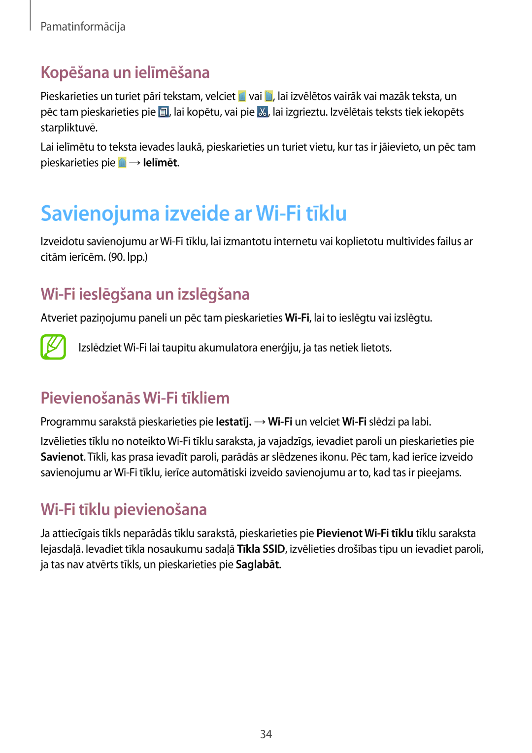 Samsung GT-S7710TAASEB manual Savienojuma izveide ar Wi-Fi tīklu, Kopēšana un ielīmēšana, Wi-Fi ieslēgšana un izslēgšana 