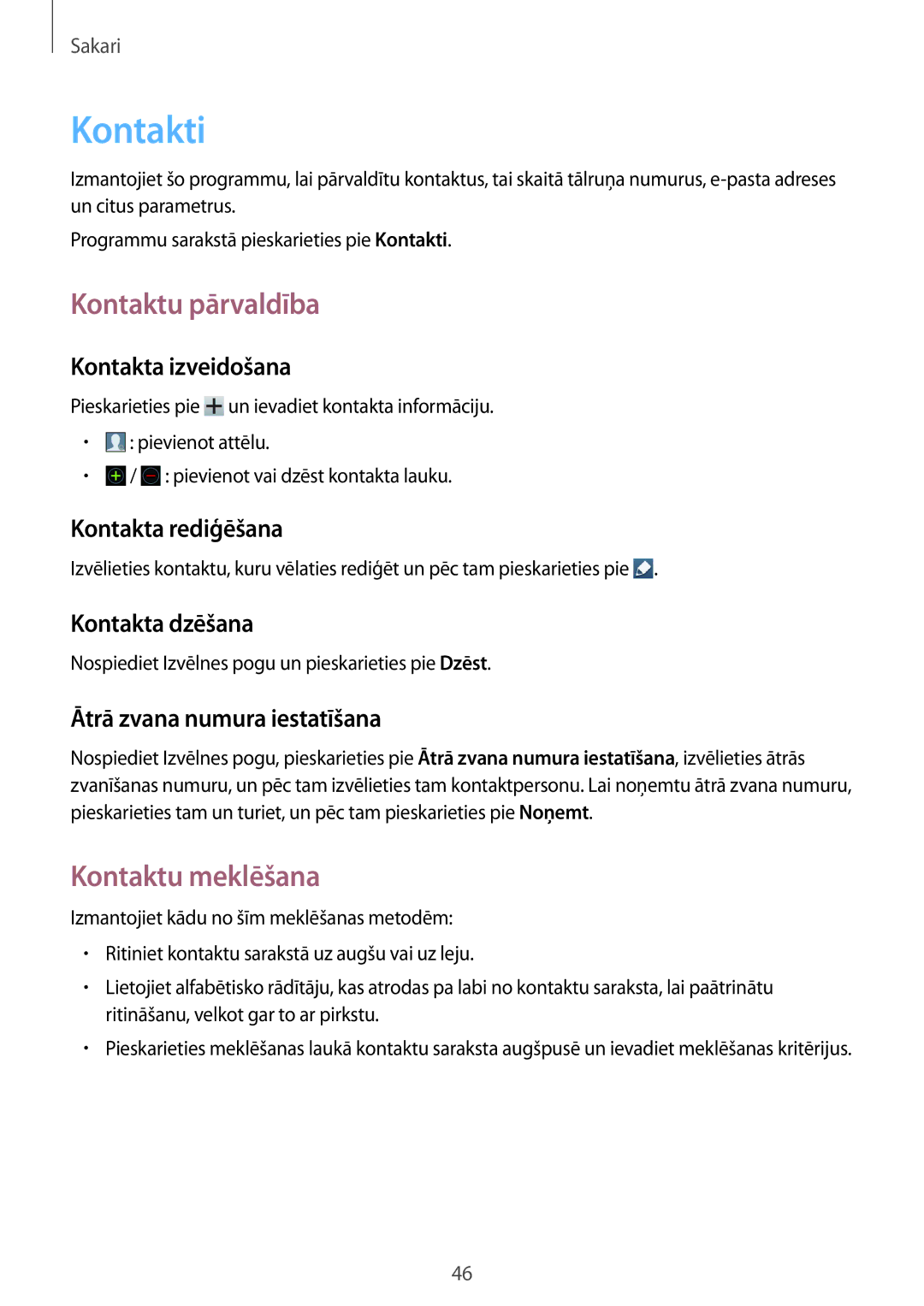 Samsung GT-S7710TAASEB manual Kontakti, Kontaktu pārvaldība, Kontaktu meklēšana 