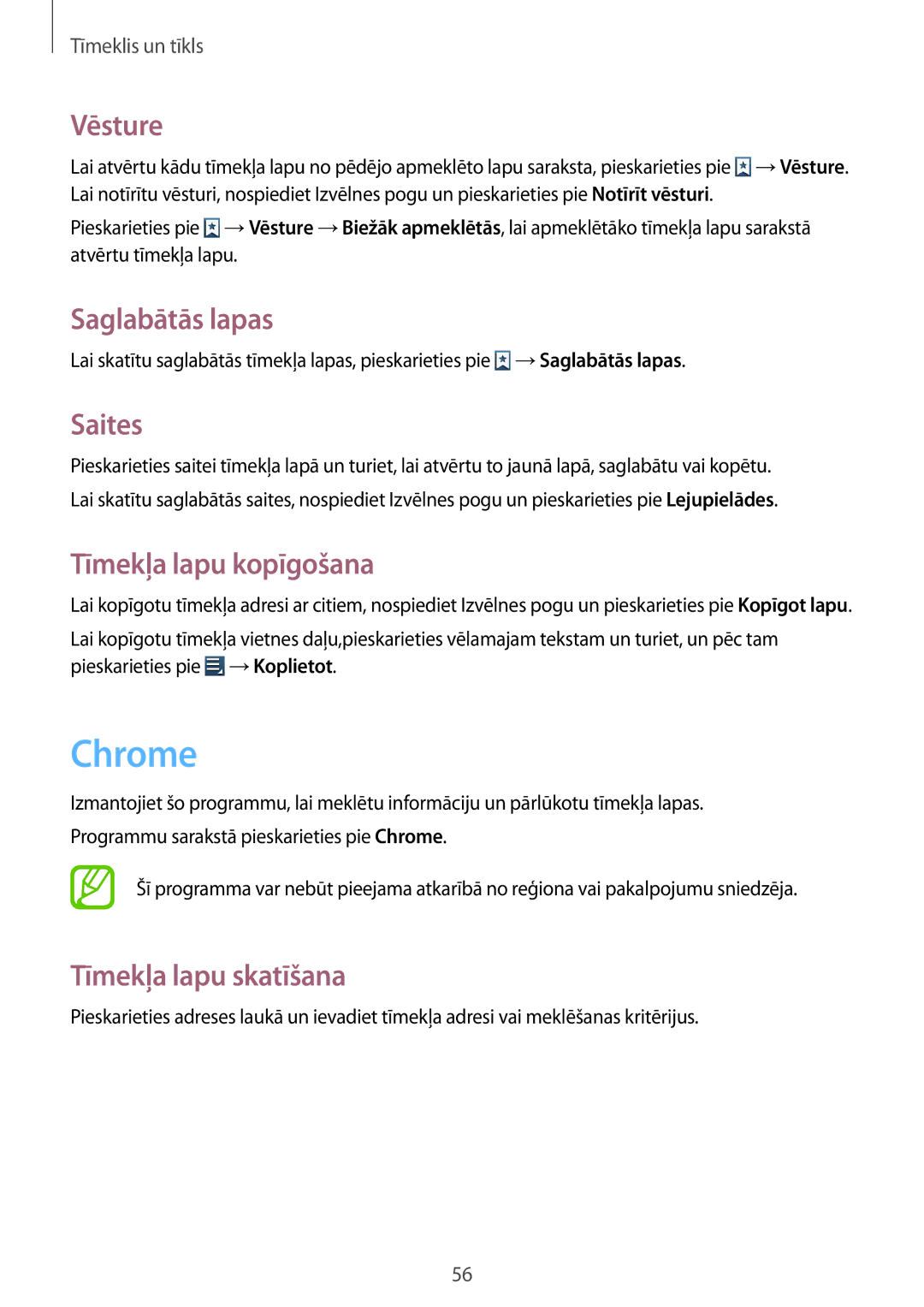 Samsung GT-S7710TAASEB manual Chrome, Vēsture, Saglabātās lapas, Saites, Tīmekļa lapu kopīgošana 