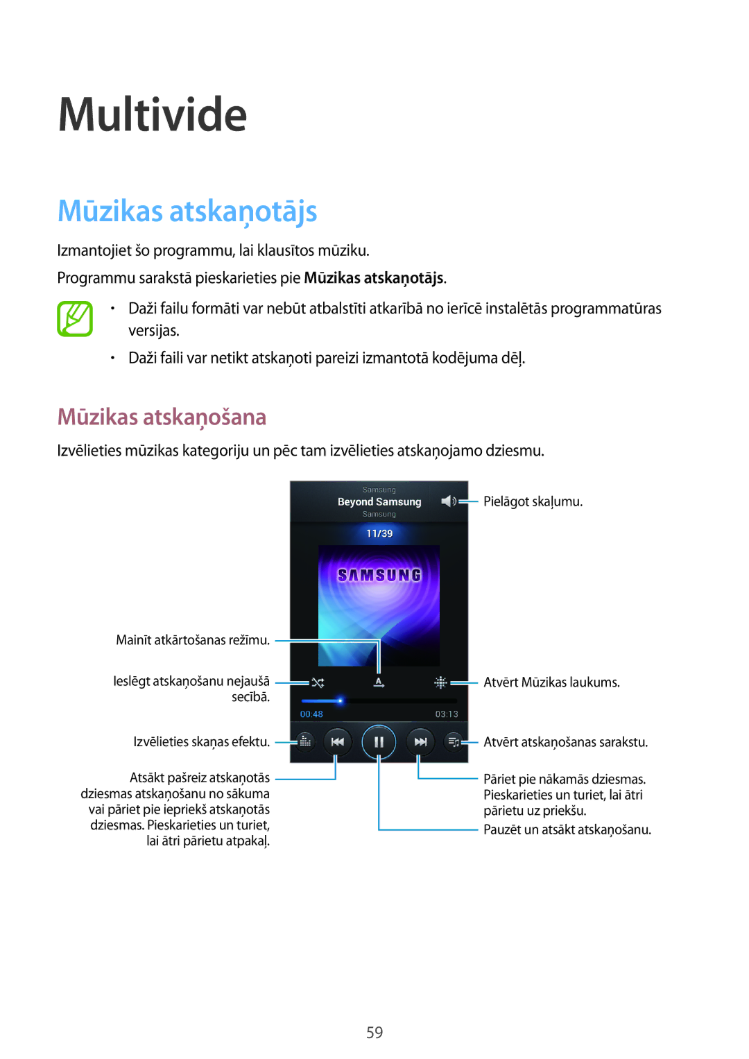 Samsung GT-S7710TAASEB manual Multivide, Mūzikas atskaņotājs, Mūzikas atskaņošana 