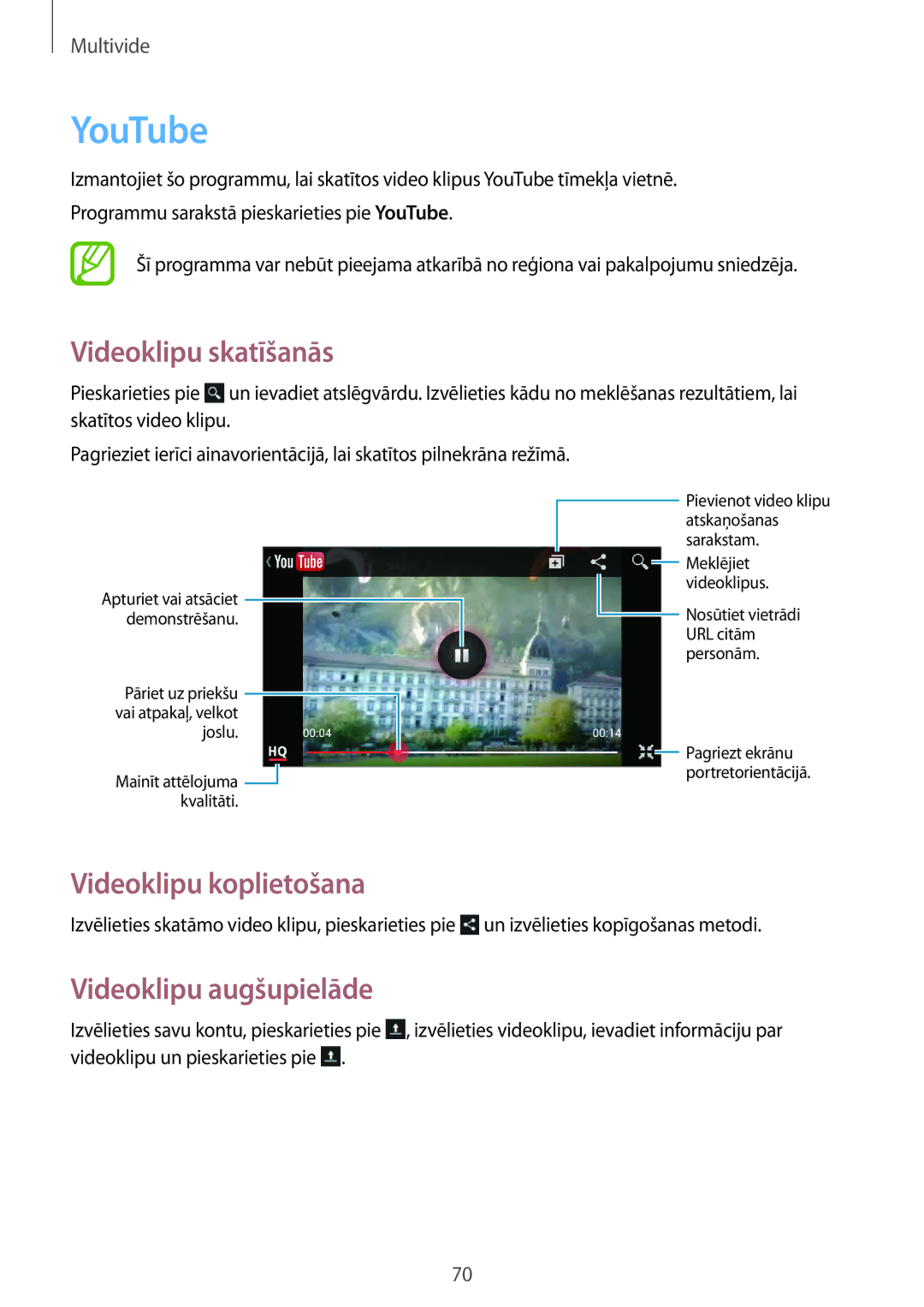 Samsung GT-S7710TAASEB manual YouTube, Videoklipu skatīšanās, Videoklipu augšupielāde 