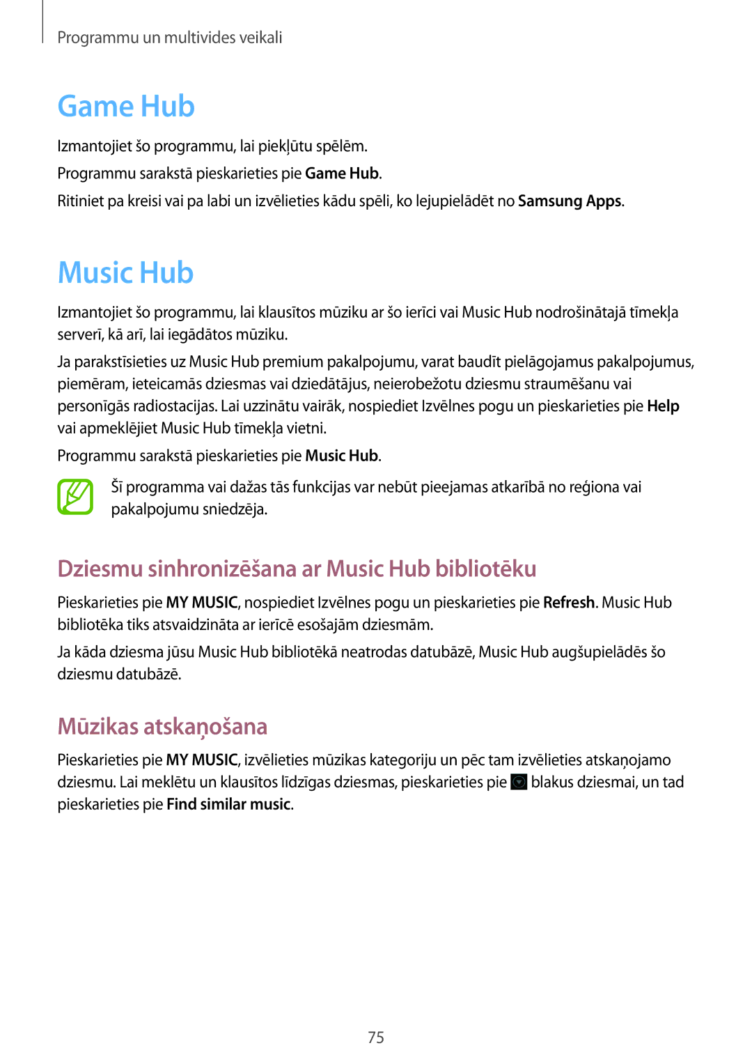 Samsung GT-S7710TAASEB manual Game Hub, Dziesmu sinhronizēšana ar Music Hub bibliotēku 