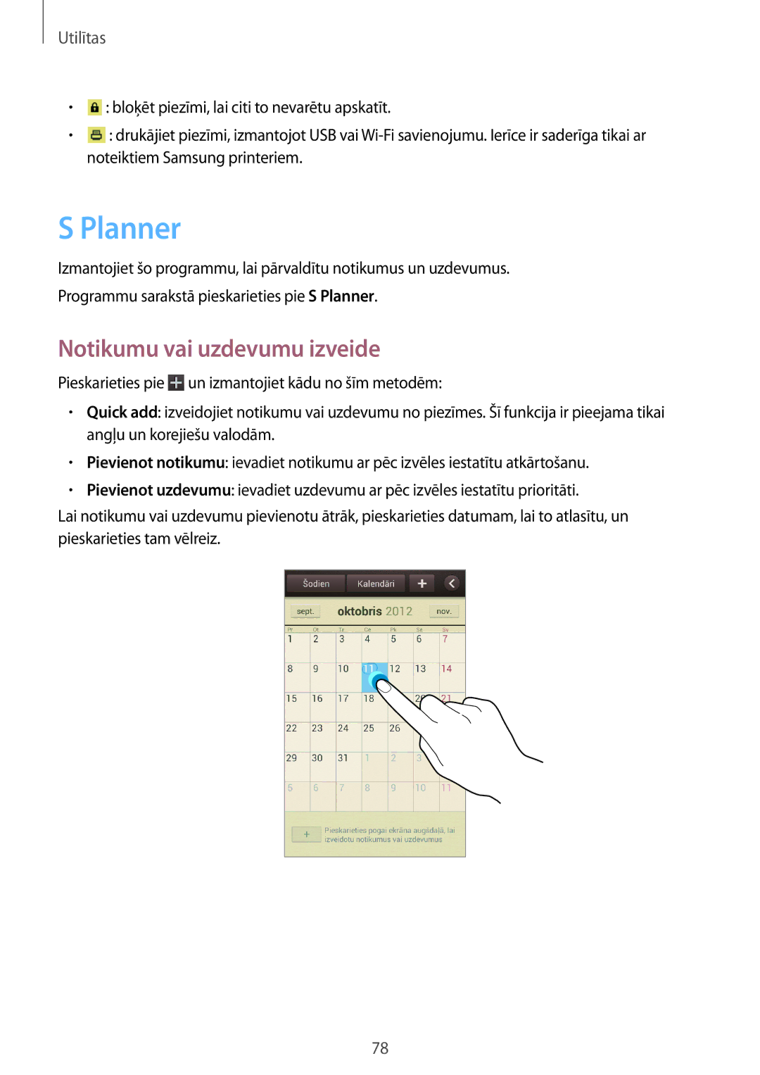 Samsung GT-S7710TAASEB manual Planner, Notikumu vai uzdevumu izveide 