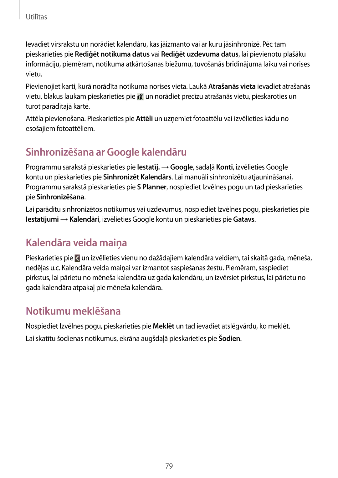 Samsung GT-S7710TAASEB manual Sinhronizēšana ar Google kalendāru, Kalendāra veida maiņa, Notikumu meklēšana 