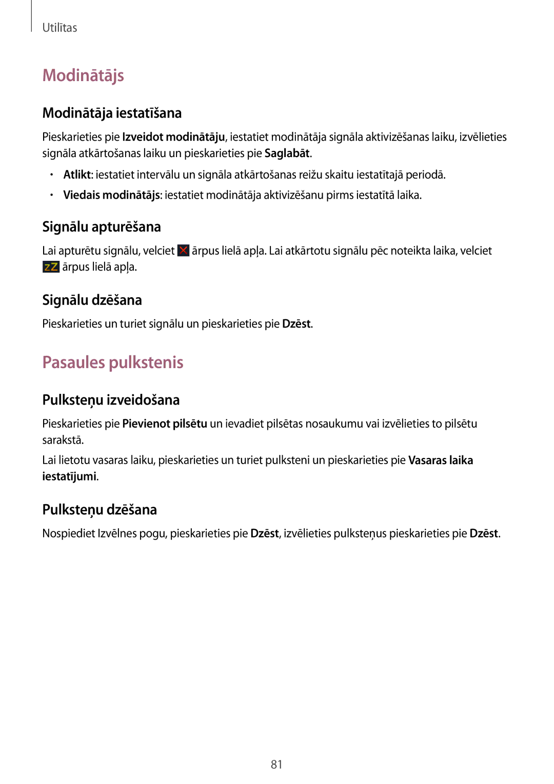 Samsung GT-S7710TAASEB manual Modinātājs, Pasaules pulkstenis 