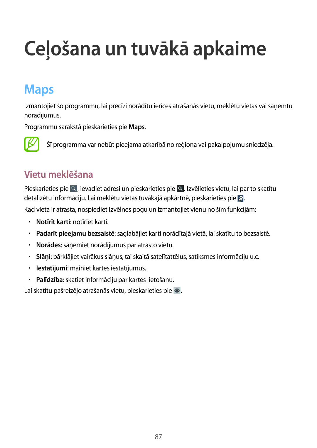 Samsung GT-S7710TAASEB manual Ceļošana un tuvākā apkaime, Maps, Vietu meklēšana 