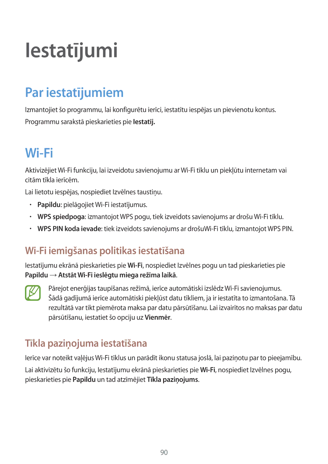 Samsung GT-S7710TAASEB manual Iestatījumi, Par iestatījumiem, Wi-Fi iemigšanas politikas iestatīšana 