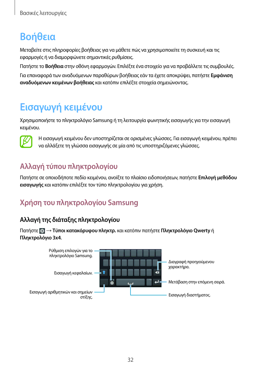 Samsung GT-S7710TAACYV manual Βοήθεια, Εισαγωγή κειμένου, Αλλαγή τύπου πληκτρολογίου, Χρήση του πληκτρολογίου Samsung 