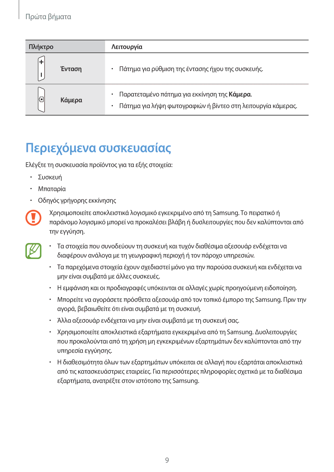 Samsung GT-S7710TAAVGR, GT-S7710KRACYV, GT-S7710TAACYV manual Περιεχόμενα συσκευασίας, Πλήκτρο Λειτουργία Ένταση, Κάμερα 