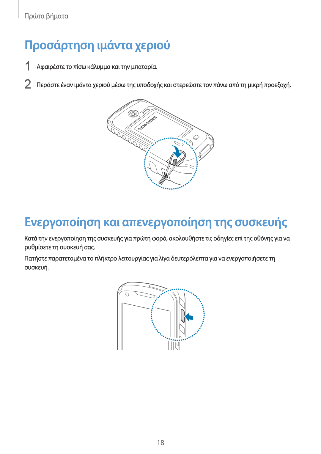 Samsung GT-S7710TAAVGR manual Προσάρτηση ιμάντα χεριού, Ενεργοποίηση και απενεργοποίηση της συσκευής, Πρώτα βήματα 