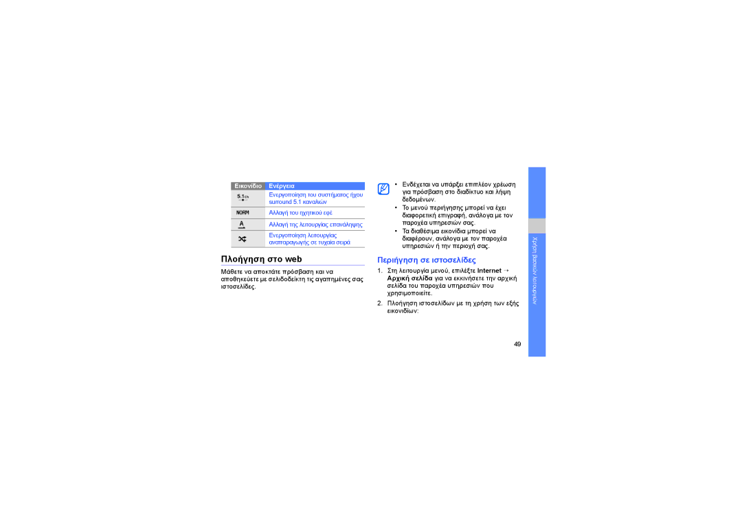 Samsung GT-S8000TKAEUR, GT-S8000BDAEUR, GT-S8000KKAVGR, GT-S8000HKACOS manual Πλοήγηση στο web, Περιήγηση σε ιστοσελίδες 