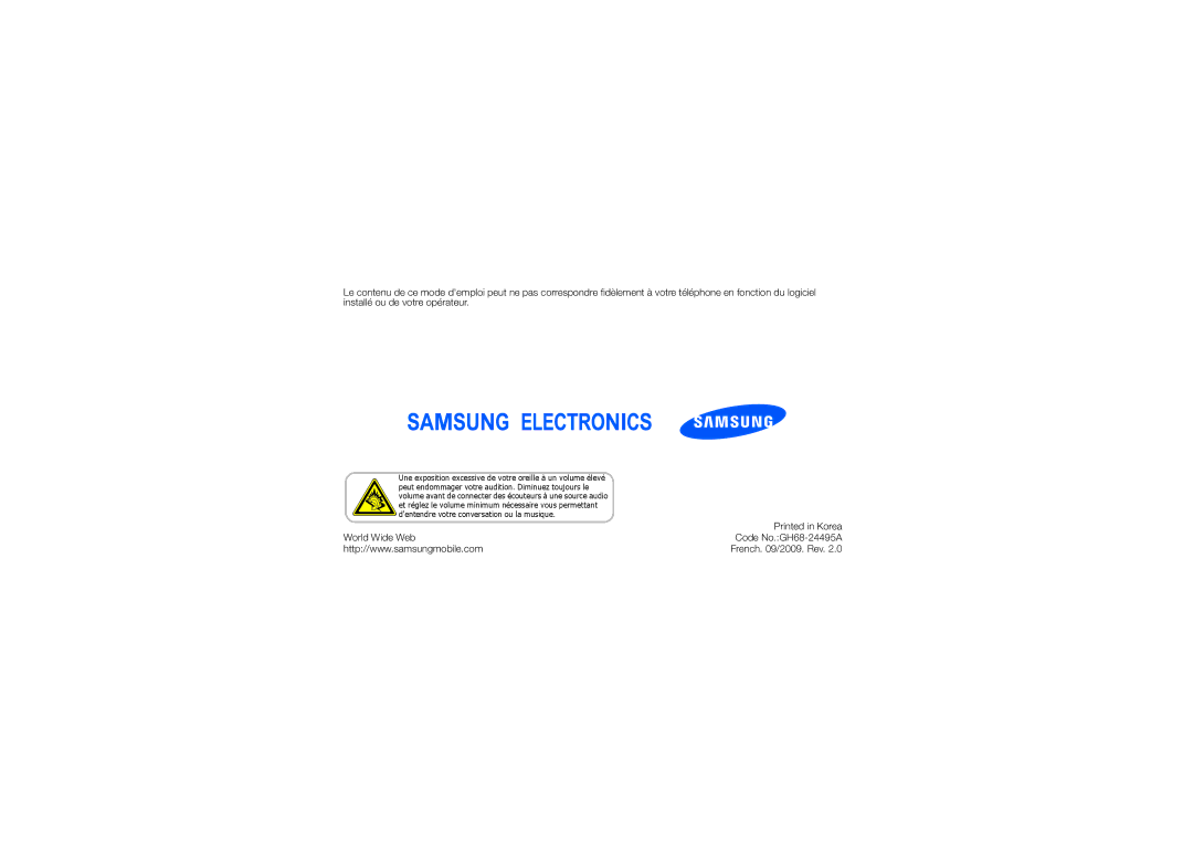 Samsung GT-S8000KKASFR, GT-S8000KKANRJ, GT-S8000KKAXEF, GT-S8000XKANRJ, GT-S8000OWAXEF World Wide Web Code No.GH68-24495A 