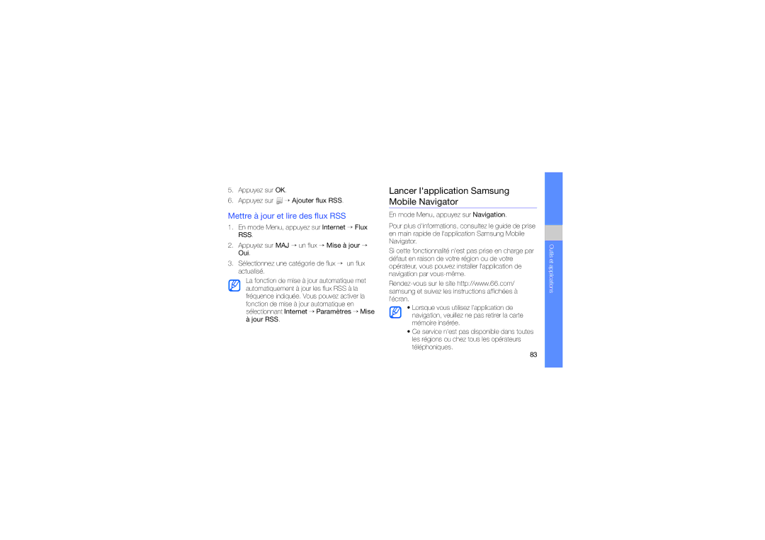Samsung GT-S8000OWAXEF, GT-S8000KKANRJ Lancer lapplication Samsung Mobile Navigator, Mettre à jour et lire des flux RSS 