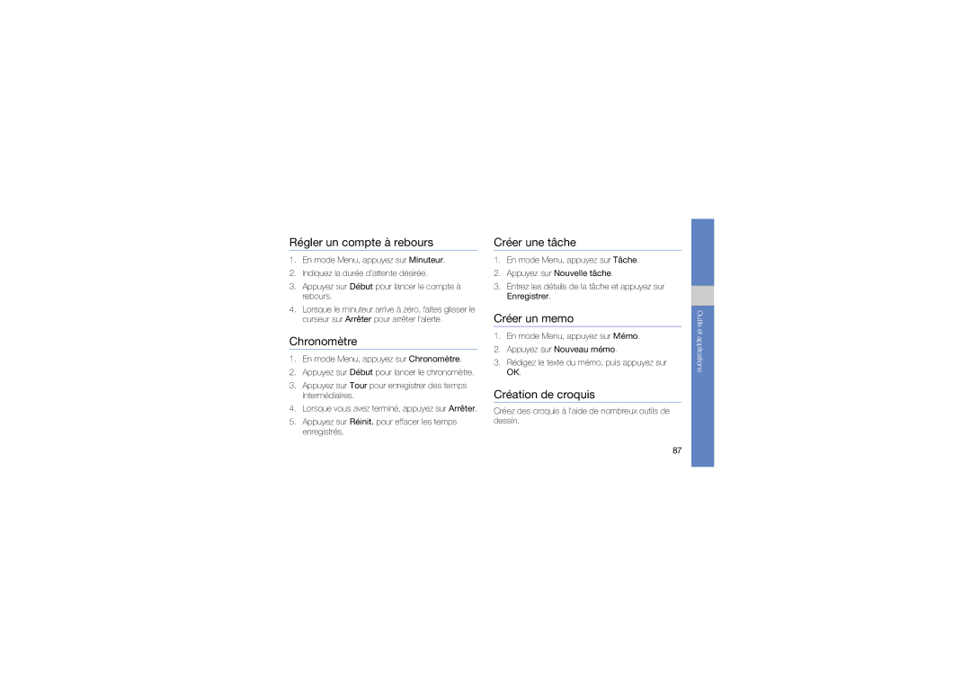 Samsung GT-S8000XKASFR manual Régler un compte à rebours, Chronomètre, Créer une tâche, Créer un memo, Création de croquis 