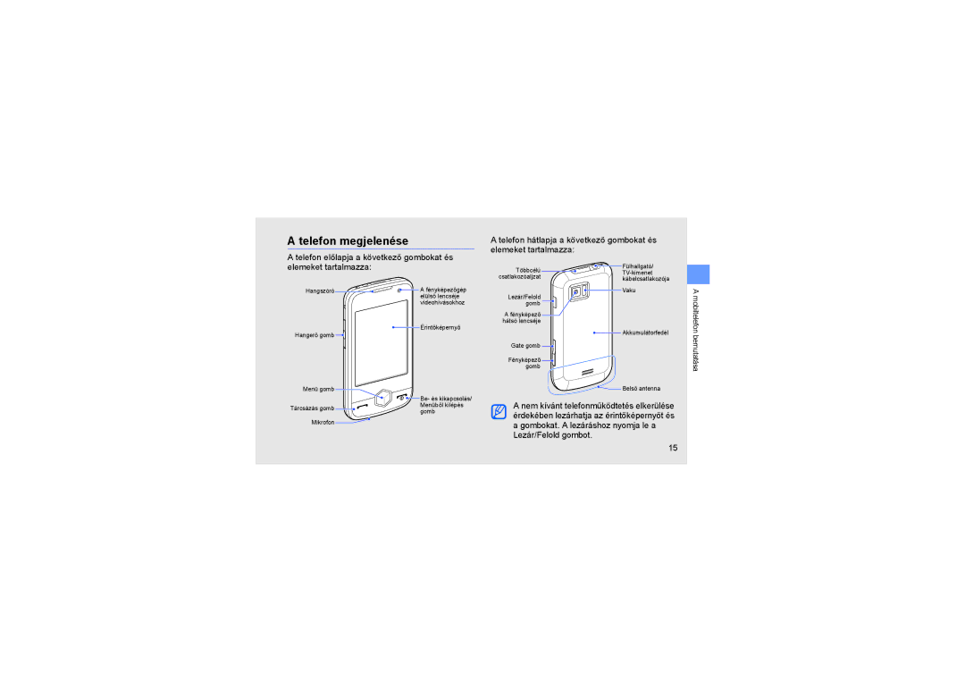 Samsung GT-S8000KKATPH, GT-S8000KKAORG, GT-S8000KKAAUT, GT-S8000KKASWC manual Telefon megjelenése, Elemeket tartalmazza 