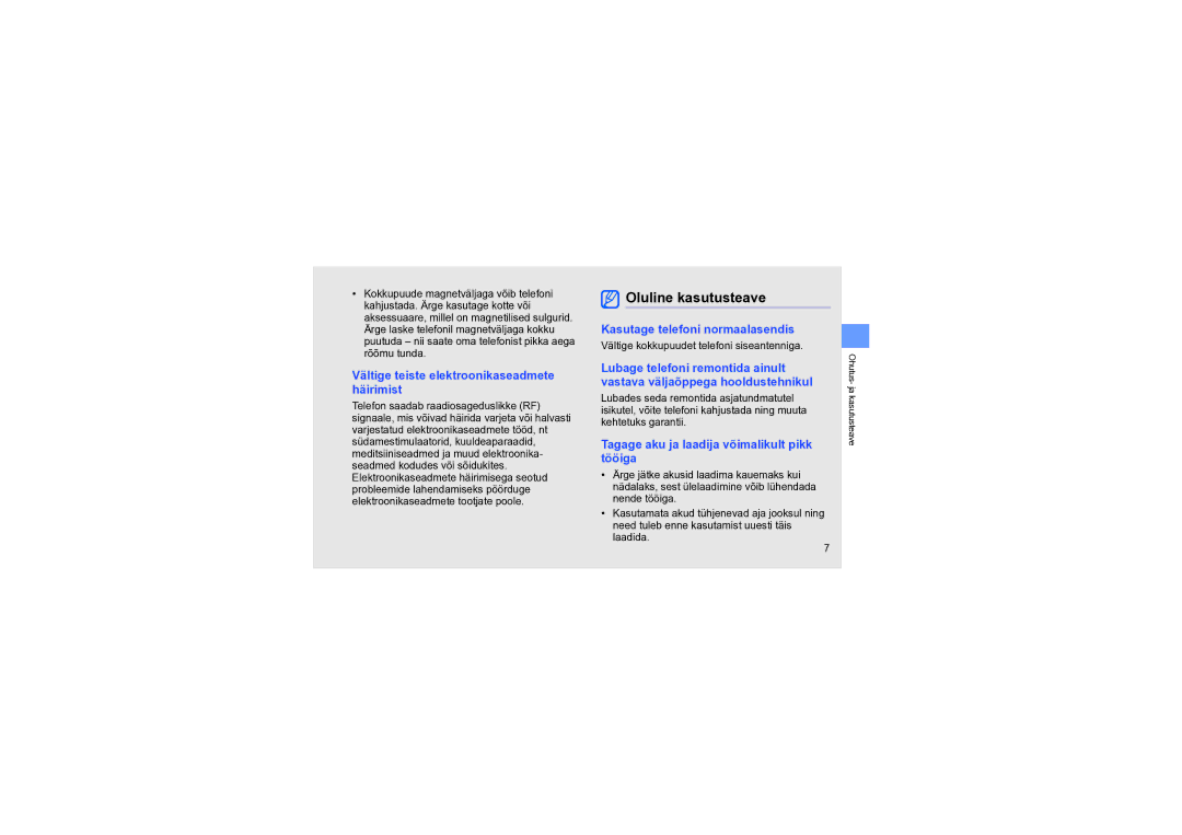 Samsung GT-S8000KKASEB manual Oluline kasutusteave, Vältige teiste elektroonikaseadmete häirimist 