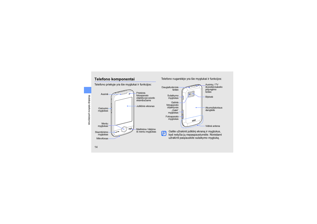 Samsung GT-S8000KKASEB manual Telefono komponentai, Telefono priekyje yra šie mygtukai ir funkcijos 