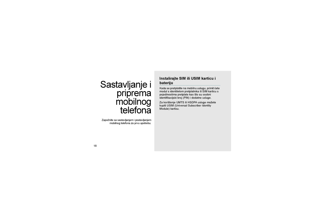 Samsung GT-S8000KKACRO manual Sastavljanje i priprema mobilnog telefona, Instalirajte SIM ili Usim karticu i bateriju 