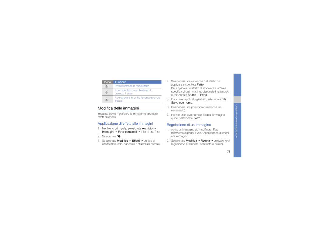 Samsung GT-S8000XKAITV manual Modifica delle immagini, Applicazione di effetti alle immagini, Regolazione di unimmagine 