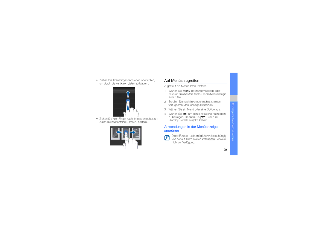 Samsung GT-S8000KKADBT, GT-S8000UVMEPL, GT-S8000TKAVIA manual Auf Menüs zugreifen, Anwendungen in der Menüanzeige anordnen 