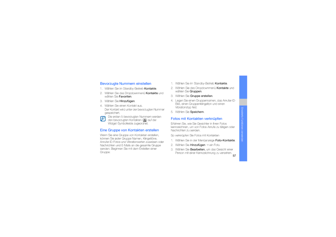 Samsung GT-S8000UVMDBT Bevorzugte Nummern einstellen, Eine Gruppe von Kontakten erstellen, Fotos mit Kontakten verknüpfen 