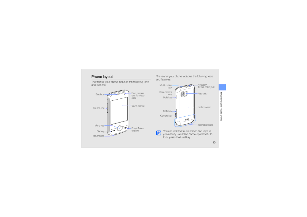 Samsung GT-S8000KKNDBT, GT-S8000UVMEPL, GT-S8000TKAVIA, GT-S8000OWADBT, GT-S8000KKMDTM, GT-S8000KKAORG manual Phone layout 