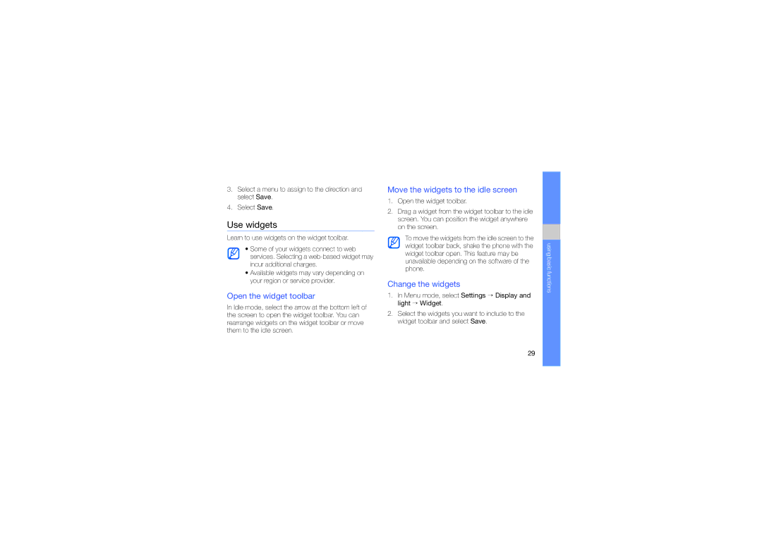 Samsung GT-S8000KKADBT manual Use widgets, Open the widget toolbar, Move the widgets to the idle screen, Change the widgets 