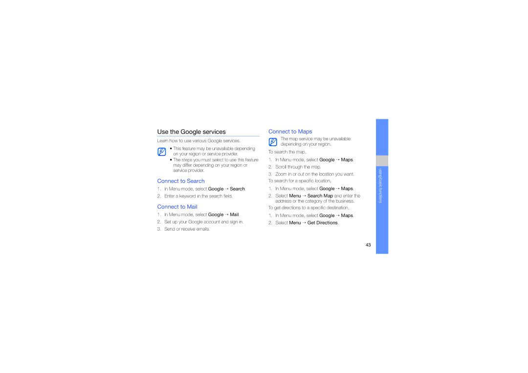 Samsung GT-S8000OWAYOG, GT-S8000UVMEPL manual Use the Google services, Connect to Search, Connect to Mail, Connect to Maps 