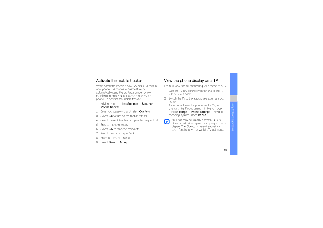 Samsung GT-S8000KKAXSG, GT-S8000UVMEPL, GT-S8000TKAVIA manual Activate the mobile tracker, View the phone display on a TV 
