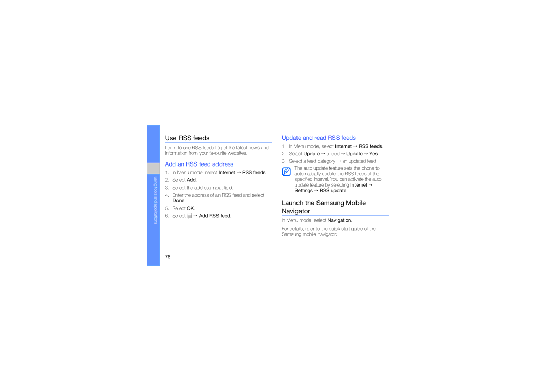 Samsung GT-S8000KKAORS, GT-S8000UVMEPL manual Use RSS feeds, Launch the Samsung Mobile Navigator, Add an RSS feed address 