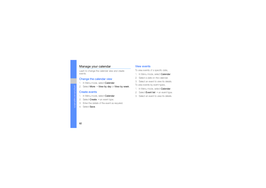 Samsung GT-S8000KKAEUR, GT-S8000UVMEPL manual Manage your calendar, Change the calendar view, Create events, View events 