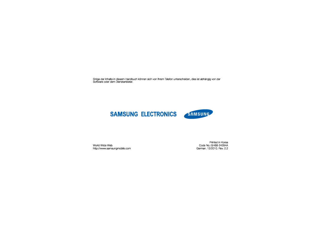 Samsung GT-S8000UVAEPL, GT-S8000UVMEPL manual World Wide Web, Printed in Korea, Code No.GH68-24284A, German. 12/2010. Rev 