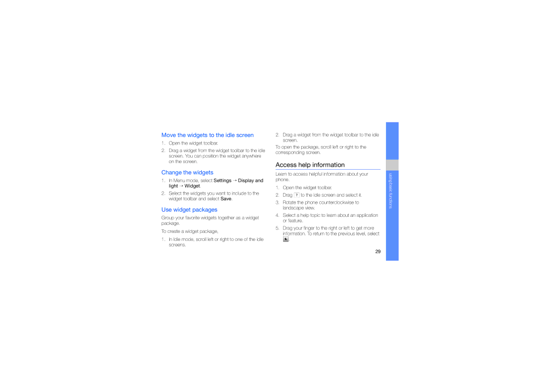 Samsung GT-S8003KKDXSG, GT-S8003BDAKEN Access help information, Move the widgets to the idle screen, Change the widgets 