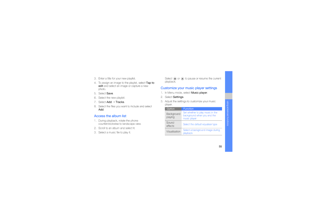 Samsung GT-S8003UVAEGY, GT-S8003BDAKEN, GT-S8003HKXJED manual Access the album list, Customize your music player settings 