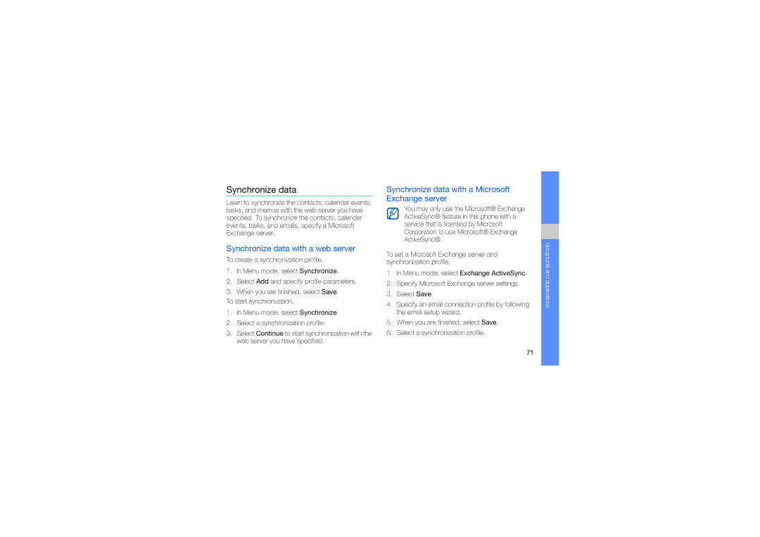 Samsung GT-S8003OWJXSG manual Synchronize data with a web server, Synchronize data with a Microsoft Exchange server 