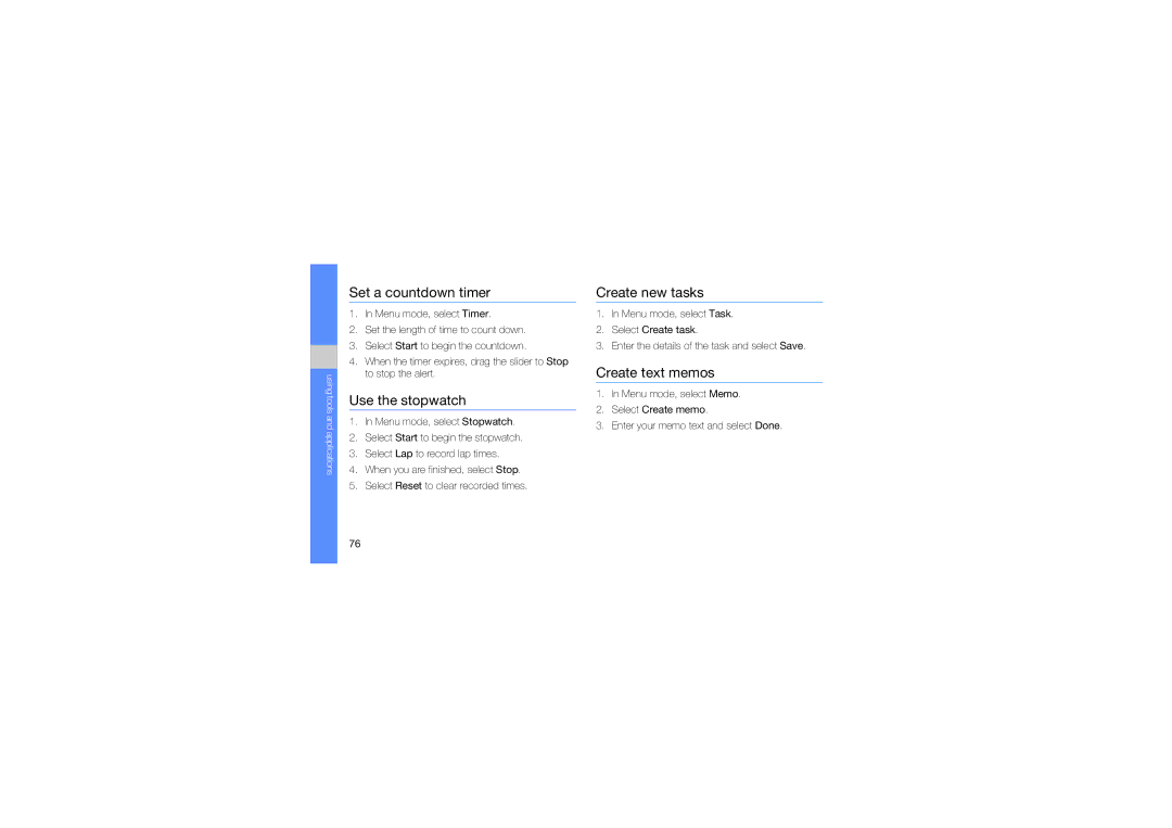 Samsung GT-S8003HKATHR, GT-S8003BDAKEN manual Set a countdown timer, Use the stopwatch, Create new tasks, Create text memos 