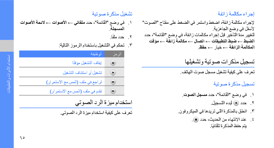 Samsung GT-S8003UVAMAT manual يتوصلا درلا ةزيم مادختسا, اهليغشتو ةيتوص تاركذم ليجست, ةيتوص ةركذم ليغشت, ةفئاز ةملاكم ءارجإ 