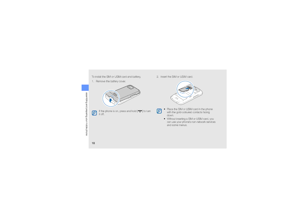 Samsung GT-S8003WDXJED, GT-S8003BDAKEN, GT-S8003HKXJED, GT-S8003JGAMID manual Assembling and preparing your mobile phone 