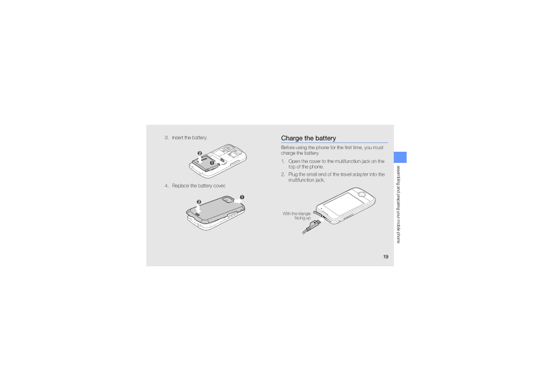 Samsung GT-S8003BDAMMC, GT-S8003BDAKEN, GT-S8003HKXJED Charge the battery, Insert the battery Replace the battery cover 