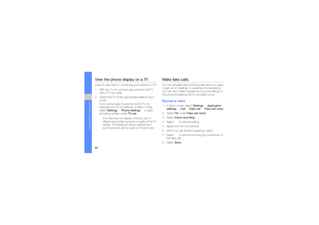 Samsung GT-S8003UVAAWF, GT-S8003BDAKEN, GT-S8003HKXJED manual View the phone display on a TV, Make fake calls, Record a voice 
