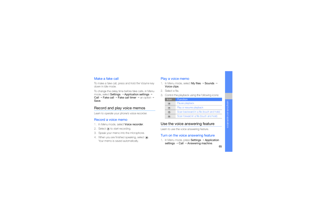 Samsung GT-S8003UVAMAT, GT-S8003BDAKEN, GT-S8003HKXJED manual Record and play voice memos, Use the voice answering feature 